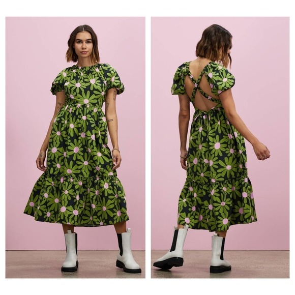 TOPSHOP Cotton Bold Daisy Cross Back Poplin Midi Dress (US/6) - Picture 1 of 8